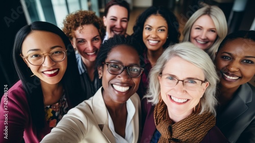 Group Selfie of Successful happy smiling diverse multiracial Businesswomen in the office. A team of Women, Professionals in their field, cheerfully look at the camera and are happy with their lives.
