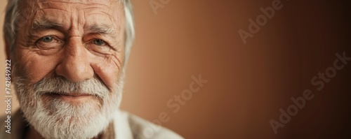 Portrait of cheerful mature man isolated over brown background. People age emotions concept. Portrait of attractive serious grey-haired man isolated over beige pastel color background. Generative ai