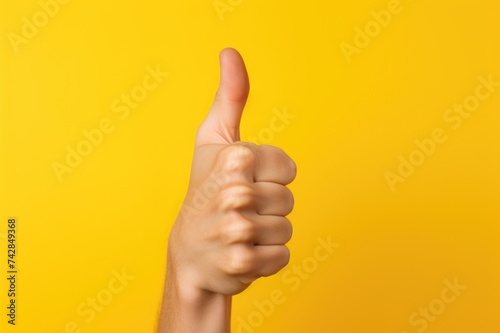 Thumbs Up! Closeup of Hand Gesture Symbolizing Success and Approval on Yellow Background - Business