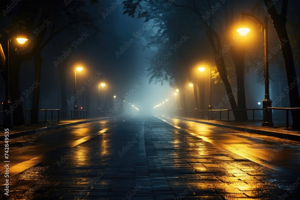 Night Road Illuminated by Street Lights in the Foggy Mist. A Dark and Foggy Urban City Street