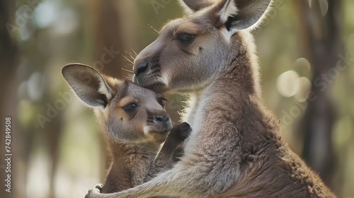 Mother and Baby Kangaroo Hug. Kangaroo Baby Wildlife photo