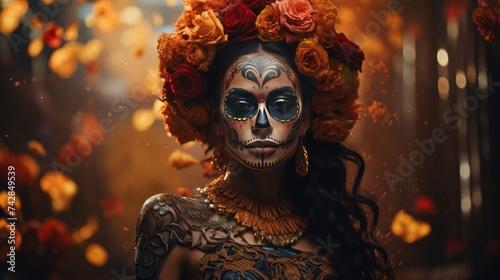 Woman With Skeleton Makeup and Flowers in Her Hair
