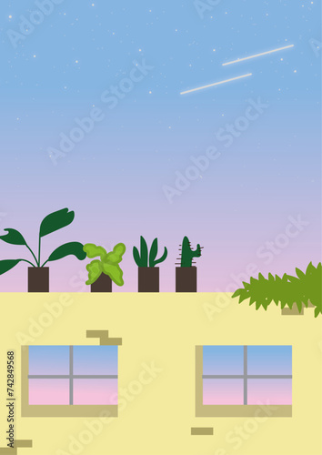 a dreamy view of sky , plants , a building with plants as well as beautiful sky . 