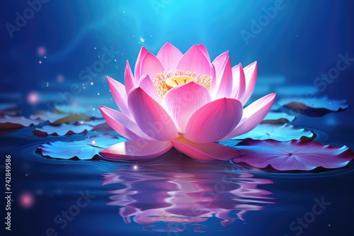 Shiny Pink Lotus Flower on Blue Background - A Glistering Visual of Zen Fairy Tale in the Garden: