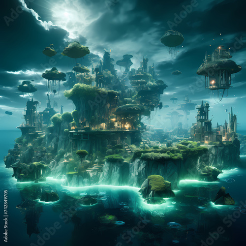 Surreal underwater world with floating islands.