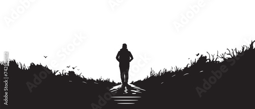 A lonely man walking into the forest. lonely man at mountain and forest landscape illustration. Black and white concept