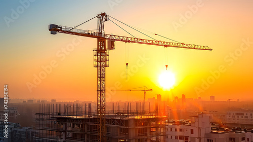 Crane and construction site at sunset,Photography