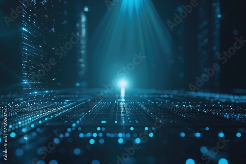 Abstract image of blue lights and dots on a dark background resembling digital data or starry space, with a bright light center and copy space