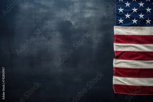 Vintage American Flag on Blackboard. Antique USA Flag with Blue Stars and Stripes on Blank