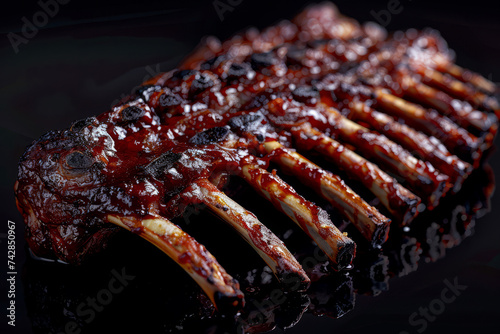 A rack of lamb with bbq marinade. Black color background, side view. Barbecue beef meat. photo