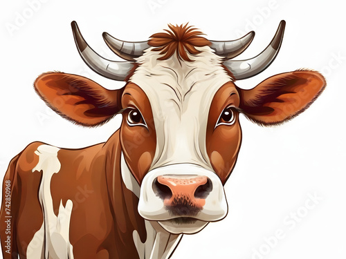Cartoon cow on white background in rural farm setting