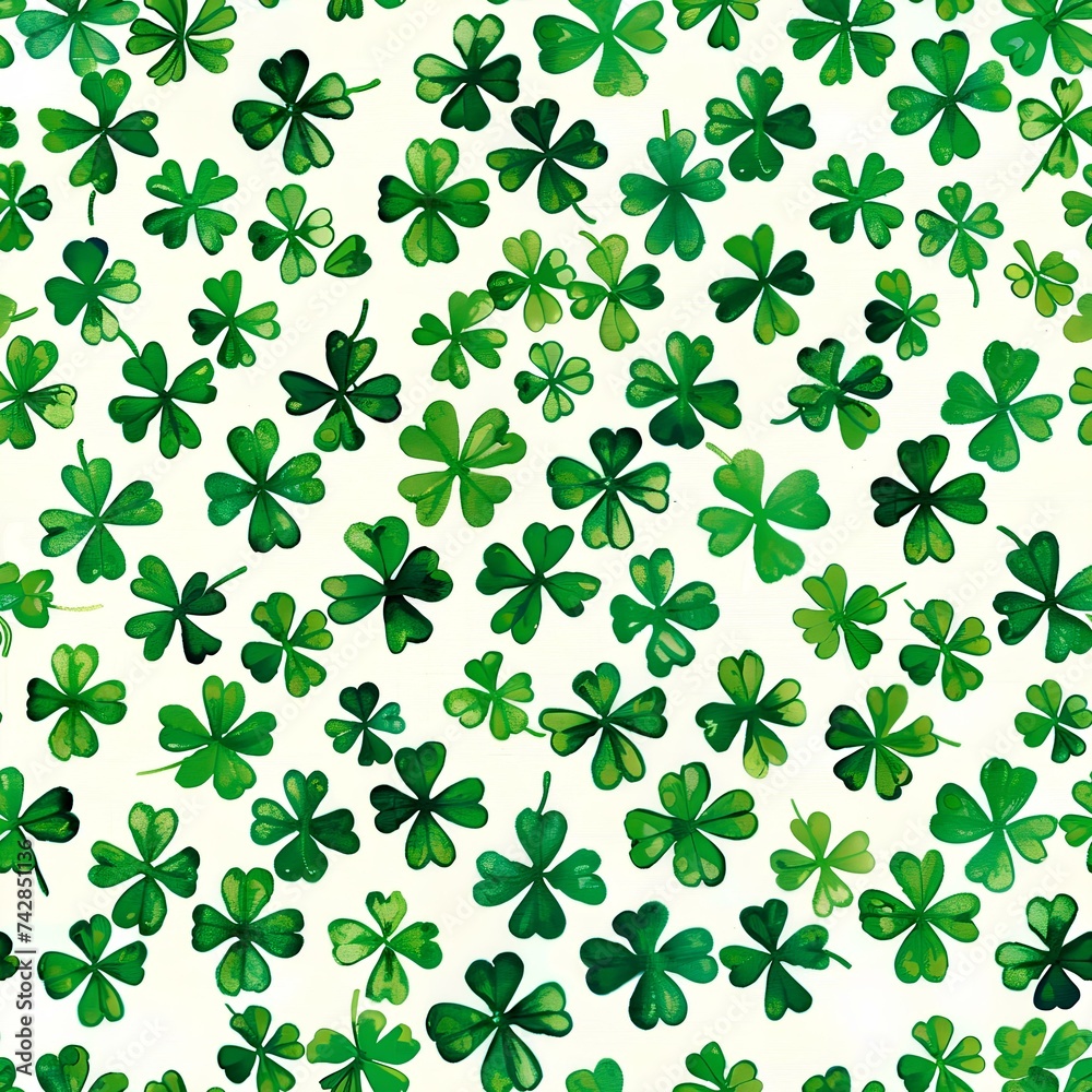 Shamrock four leaf clover seamless pattern on white background for St. Patrick's day celebration. Generative AI. Shamrock four leaf clover seamless pattern on white background for St. Patrick's day celebration. Generative AI.