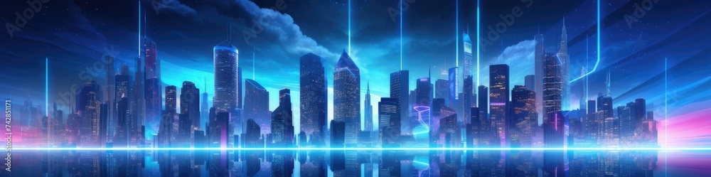 Neon Night City of the Future: Night Panorama of High-rise Buildings and Blue Lights