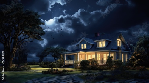 Nighttime Landscape: House under Cloudy Sky. Residential Exterior of Home with Lights shining 