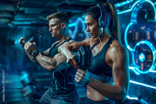 A man and woman engaged in a workout session set in a futuristic backdrop background