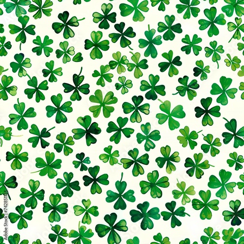 Shamrock four leaf clover seamless pattern on white background for St. Patrick s day celebration. Generative AI.