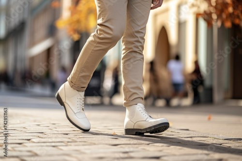 Stylish Man in Autumn Fashion: White Shoes for Comfortable City Walking Background © Serhii