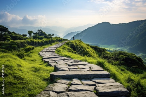 Stone Path in a Fairy Tale Landscape Overlooking the Caoling Historic Trail in Beautiful Taiwan photo