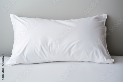 White Pillow Case. Cotton Detail of Empty Pillow with Down on Domestic Bed. Clean and Comfortable
