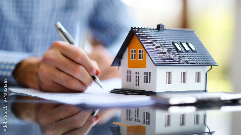 Real estate contract signing and purchase agreement for house with model home. Customer inspects and signing a contract with a pen, with house model on desk. Real estate contract signing and purchase agreement for house with model home. Customer inspects and signing a contract with a pen, with house model on desk.