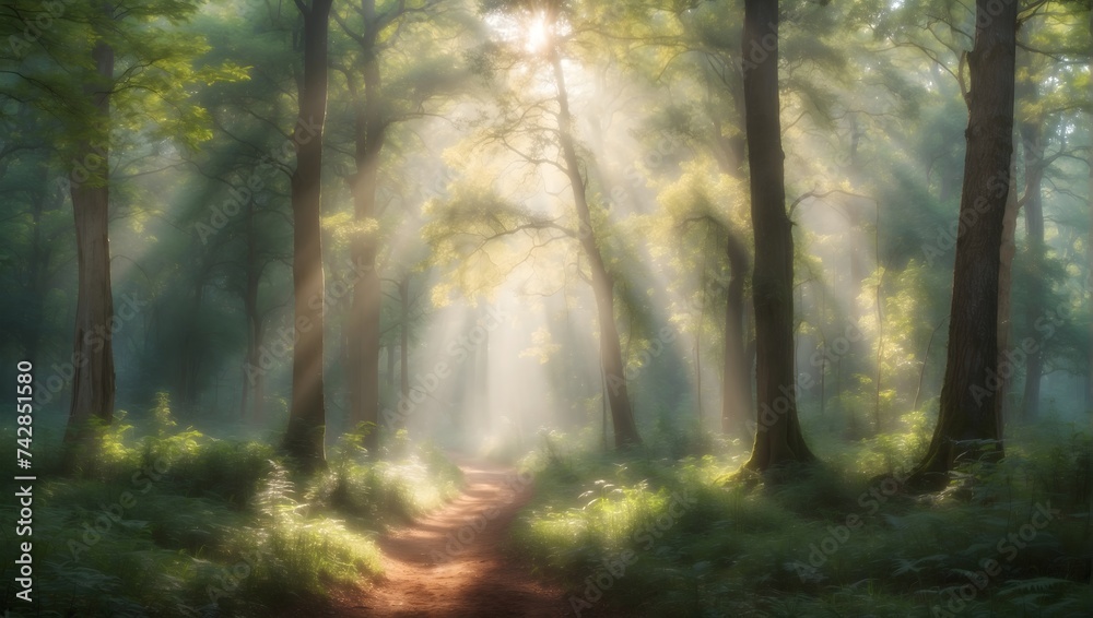 A dreamy, blurred forest scene, with dappled sunlight filtering through the canopy, creating a magical, ethereal quality. generative AI