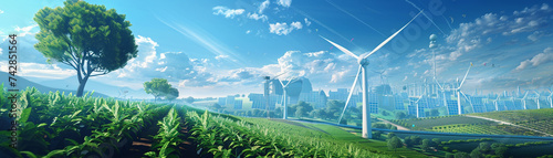 Create a vibrant 3D animated scene showcasing renewable energy sources in a futuristic setting with a backdrop background inspired by nature and technology