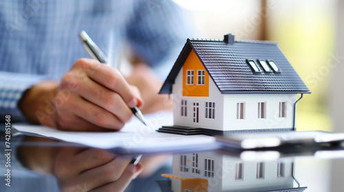 Real estate contract signing and purchase agreement for house with model home. Customer inspects and signing a contract with a pen, with house model on desk.