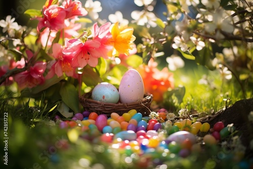Vibrant spring display with blooming flowers, easter eggs, and seasonal decorations for sale