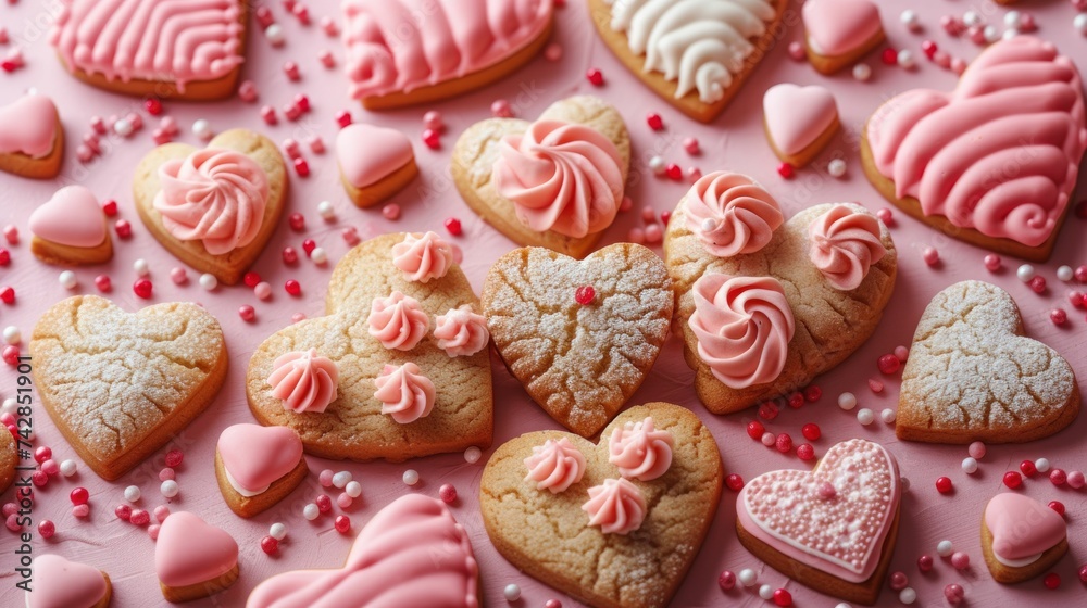 Assortment of heart-shaped cookies with various pink frostings and sprinkles, set against a pink backdrop for Valentine's Day.