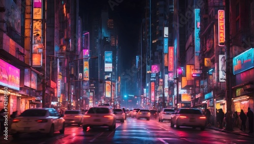 A vibrant, blurred cityscape at night, with neon lights and the movement of traffic creating a dynamic, abstract tapestry of urban life. generative AI © Zohaib