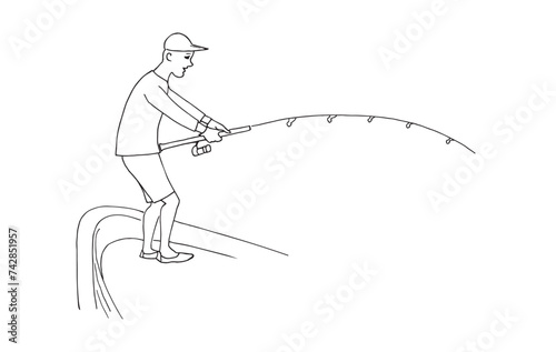 Fisherman drags fish by spinning from boat. Vector black sketch image.