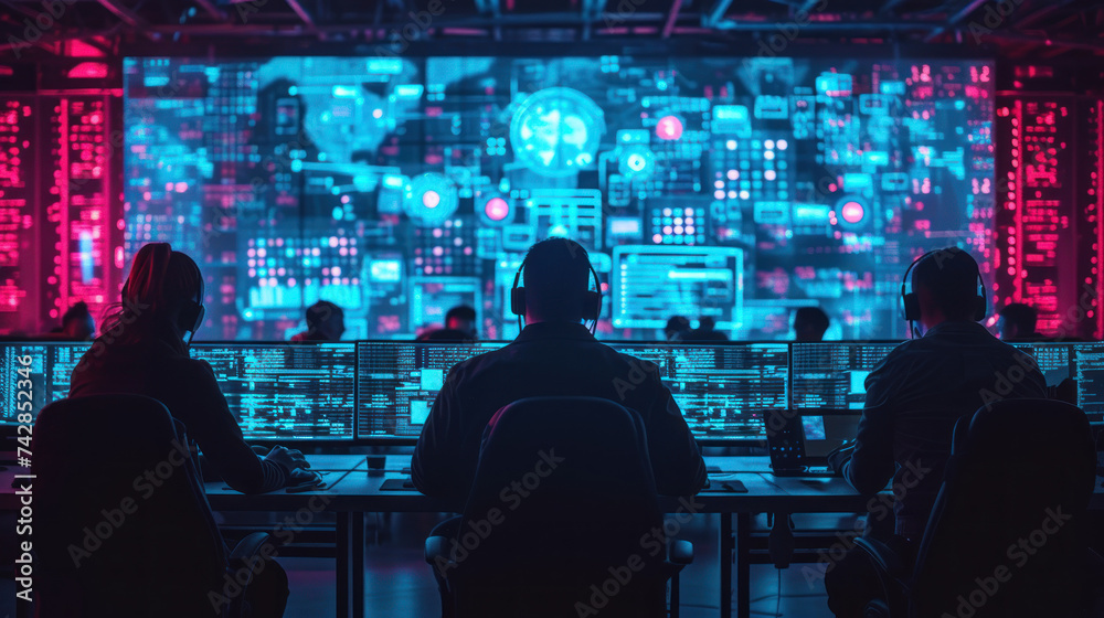 cybersecurity experts work on computers with complex code on screens, in a high-tech, neon-lit control room environment.