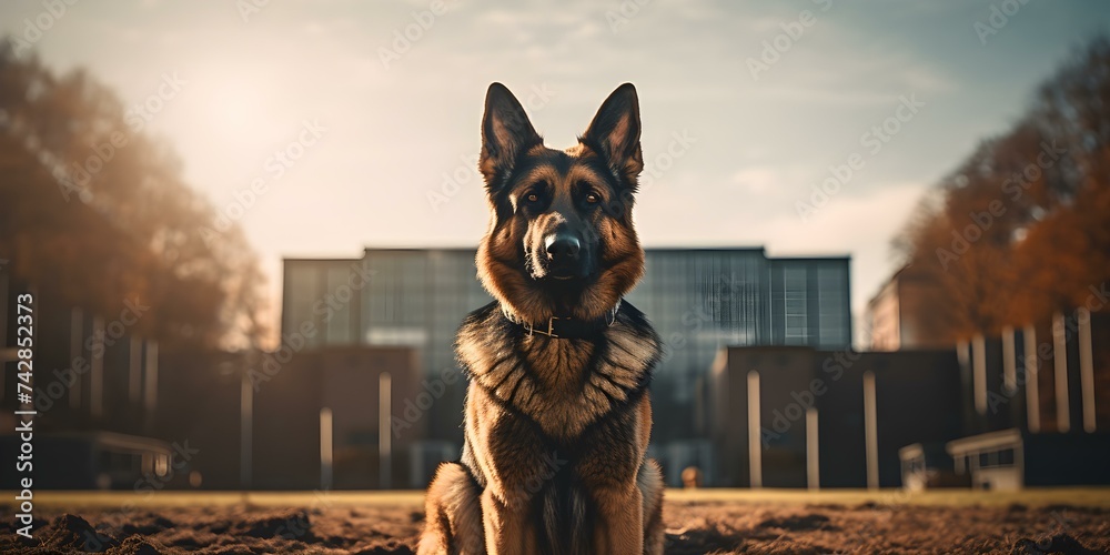 A faithful German Shepherd standing guard outdoors supported by advanced technology. Concept Animal Photography, Technology in Nature, Guard Dogs, Outdoor Security, Faithful Companions - obrazy, fototapety, plakaty 