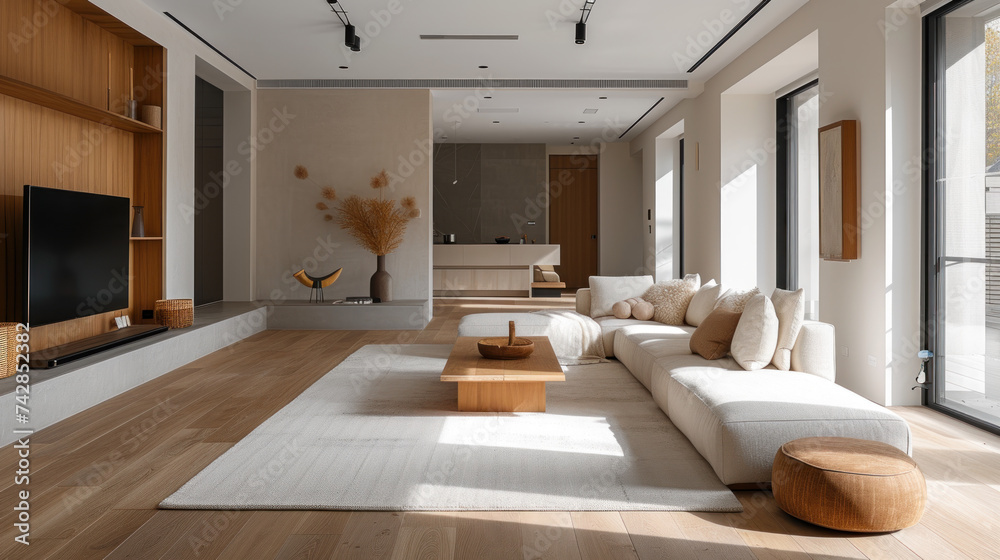 Fototapeta premium The spacious modern living room bathed in natural light, featuring minimalist decor, a large comfortable sofa, and floor-to-ceiling windows with a view of greenery.