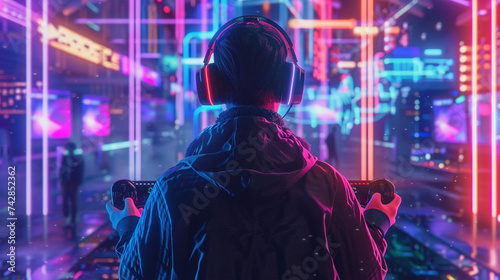 Illustrate a stylized scene with a gamer holding a joystick surrounded by glowing neon lights in a cyberpunk inspired environment