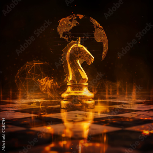 a golden chess knight figure on the middle of a classic marble chess board, holographic earth globe and gold market charts in behind