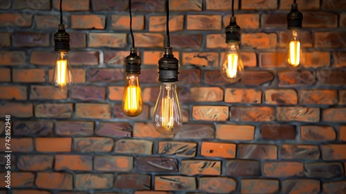 Decorative antique edison style light bulbs against brick wall background. vintage lamp decorative 