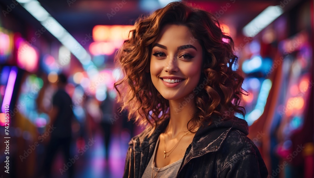 A woman with a playful smirk, with an artistically blurred background of a neon-lit arcade, highlighting a moment of fun and nostalgia. generative AI A woman with a playful smirk, with an artistically blurred background of a neon-lit arcade, highlighting a moment of fun and nostalgia. generative AI