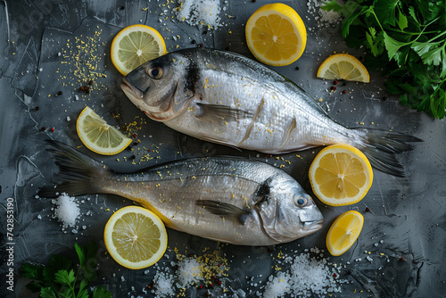 Top view of two raw dorado fish with lemons and parsley, suited for culinary themes.