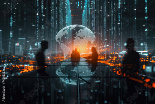 A busy network operations center with a global data exchange visualization, featuring silhouettes of professionals at work with a glowing digital globe.