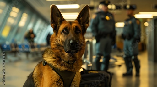 Drug detection dog at the airport on the background of cops.  © Ziyan