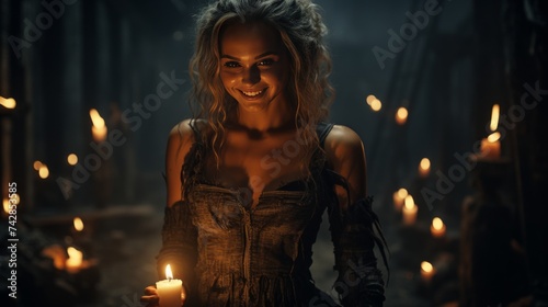 Woman Standing in Dark Forest Surrounded by Candles