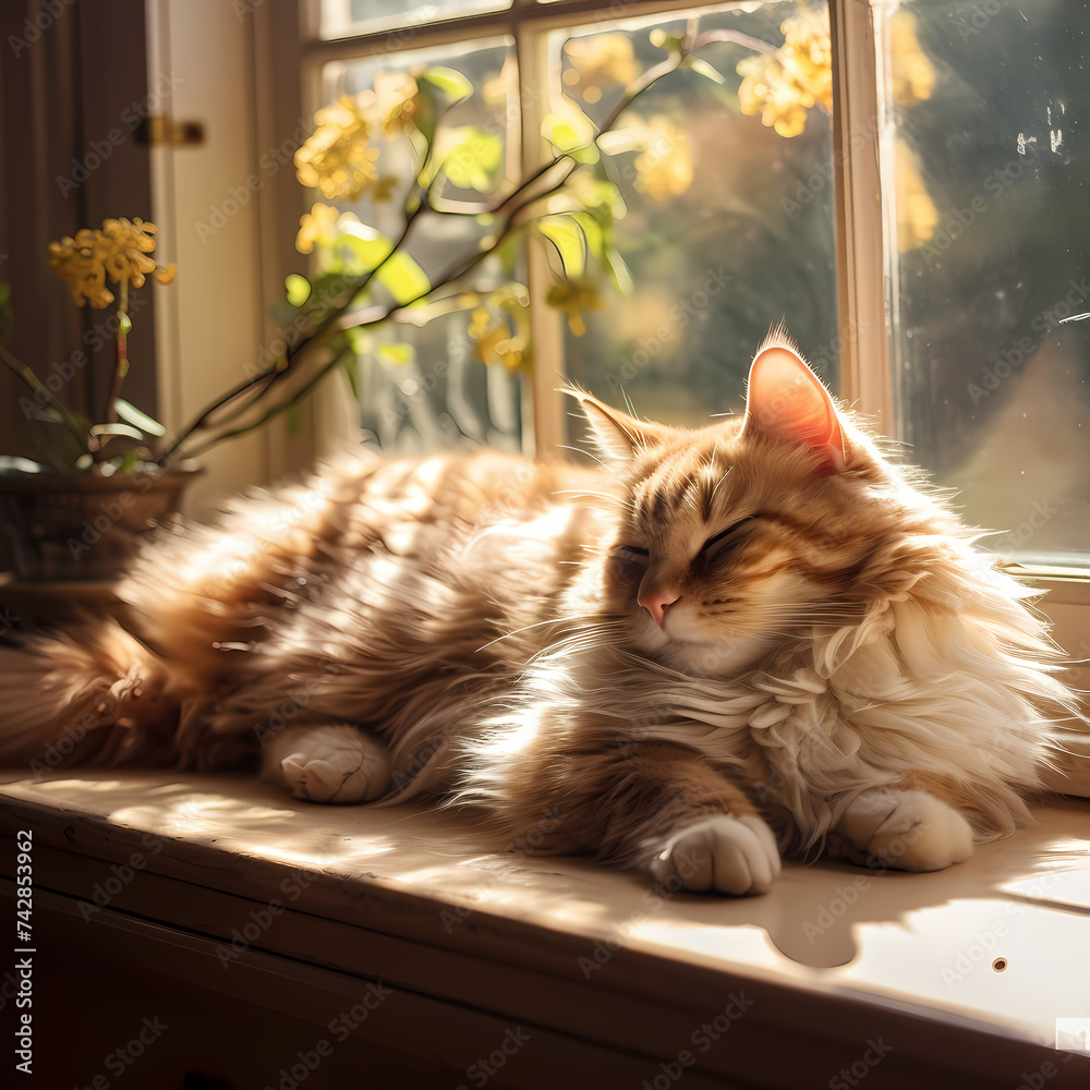 A cat sleeping in a sunbeam on a windowsill.