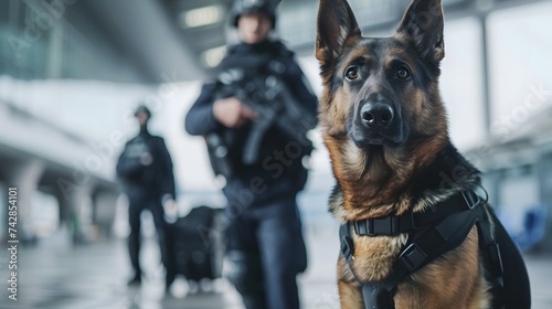 Drug detection dog at the airport on the background of cops.  © Ziyan