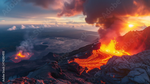 Panoramic view of a volcanic eruption with lava flows at sunset.