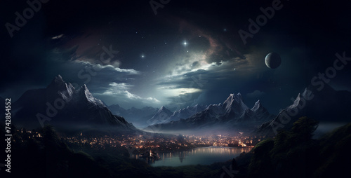 Mountain landscape with lake and night starry sky.Fantasy alien planet. Mountain and lake. 3D illustration.