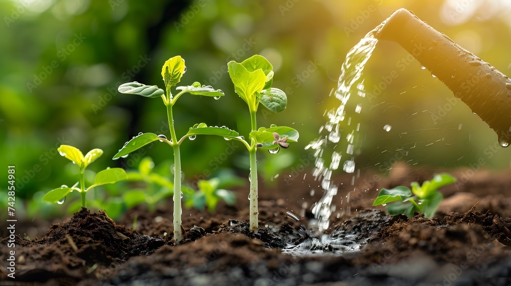 Agriculture. Watering one green sprout in the soil field. Water drops for irrigation. Concept of agriculture, green sprout is watered by raindrops. Sprout grows in the soil. ecology concept. - obrazy, fototapety, plakaty 