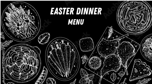 Easter food hand drawn sketch. Vector illustration. Festive table with Easter food. Engraved illustration. Menu set.