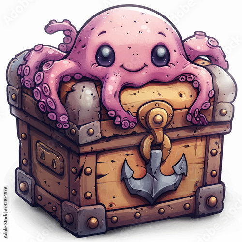 Octopus pirate on top of a treasure chest