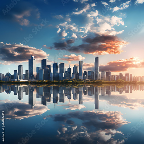 A city skyline reflected in a calm lake.